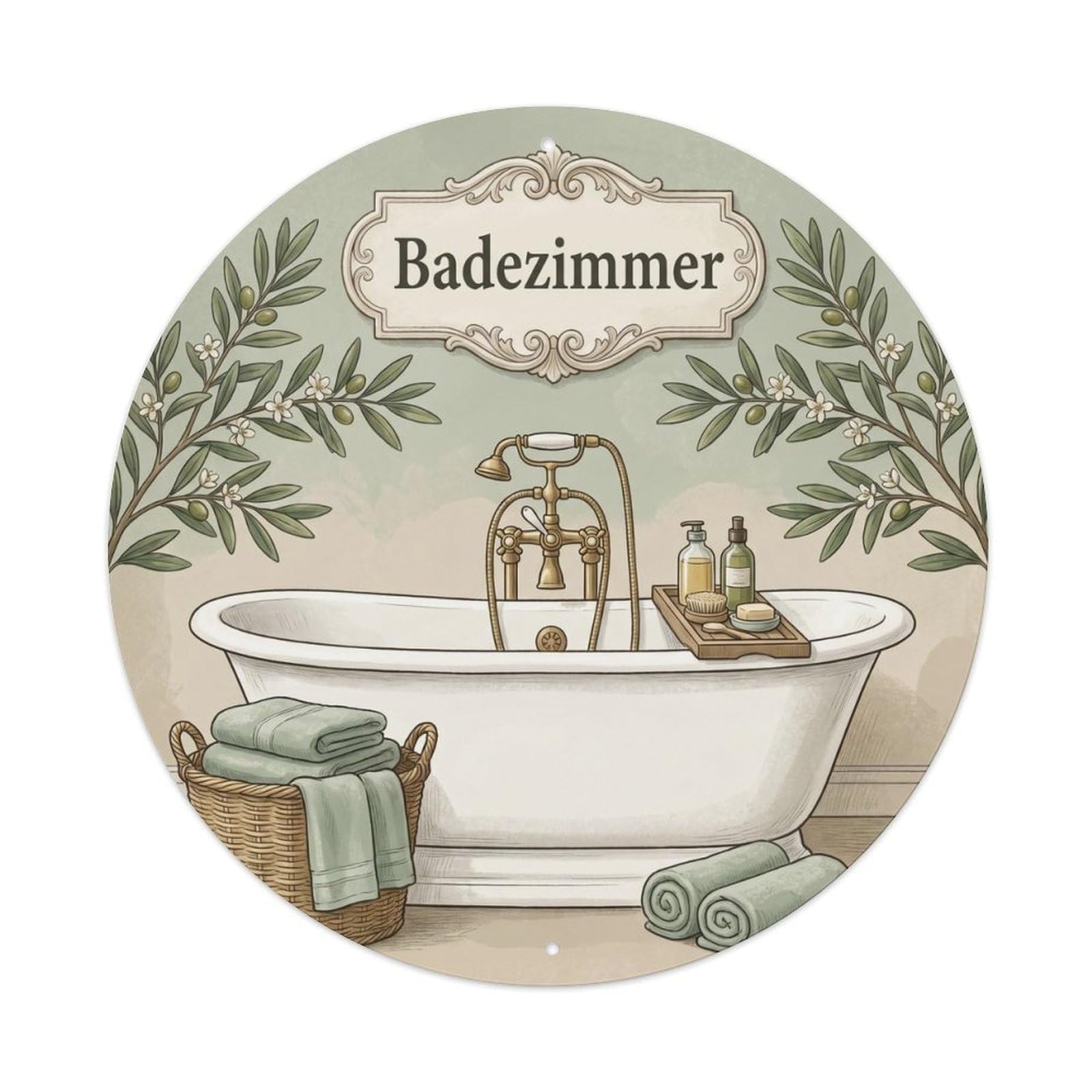 Yrnq Vintage Style Badezimmer Olive Branch Bathroom Decor Vintage Metal Tin Sign Plaque Wall Decor For Cafe, Club, Garden Round Metal Poster 8X8inch