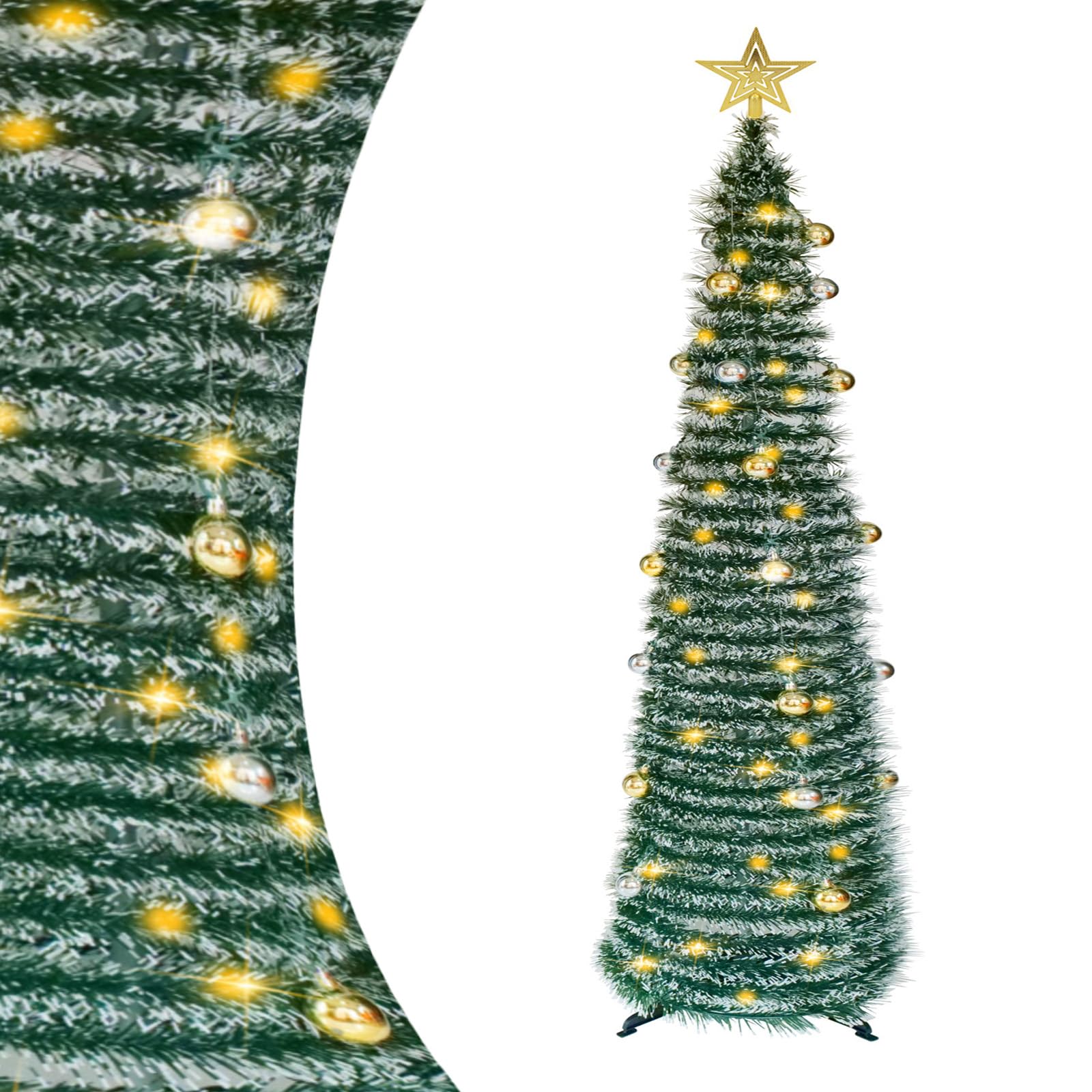 5Ft Pop up Christmas Tree, Blue-White Tinsel Skinny Pencil Tree with Lights, Christmas Balls and Pentagram, Pencil Christmas Tree for Holiday Christmas Decorations, Great for Indoors and Outdoors