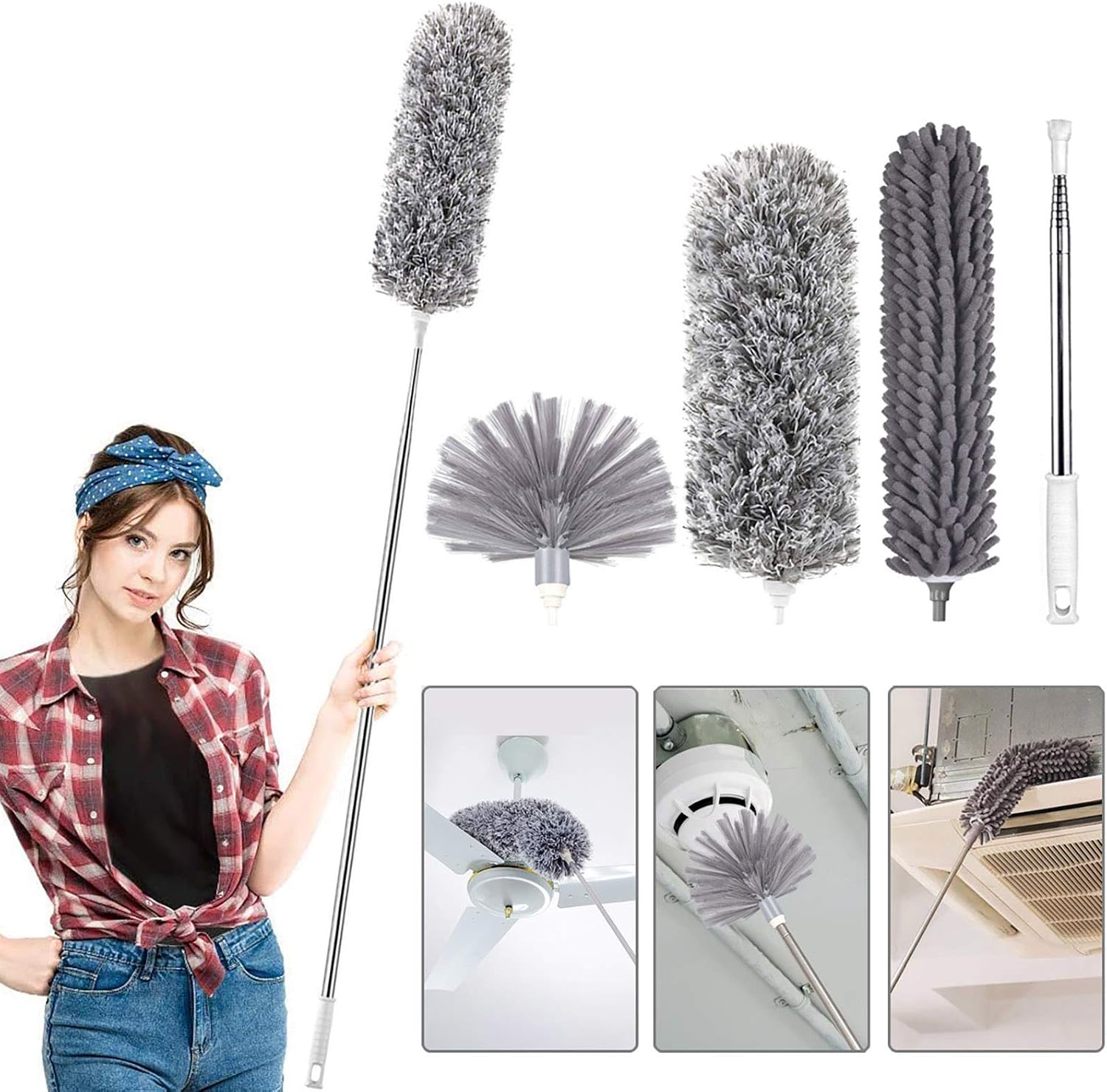 HEOATH Microfiber Feather Duster, 4PCS High Reach Dusting Kit with Extension Pole(30-100 inch), Microfiber Feather Dusters, Crevice Brush, Chenille Ceiling Fan Duster, Non-Scratch, Bendable, Washable
