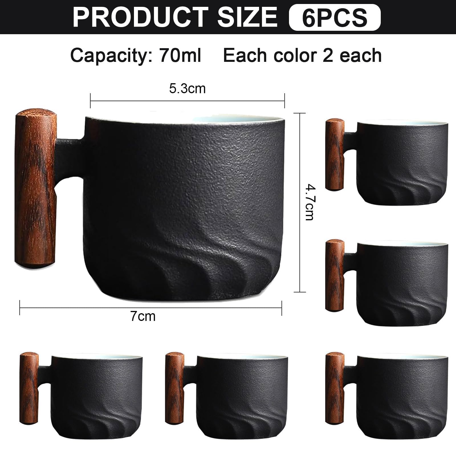 Juego de 6 tazas de café (6 x 70 ml) de cerámica, tazas de café con asa, mini taza de té, taza de café para espresso, té (juego de 6 unidades, negro)