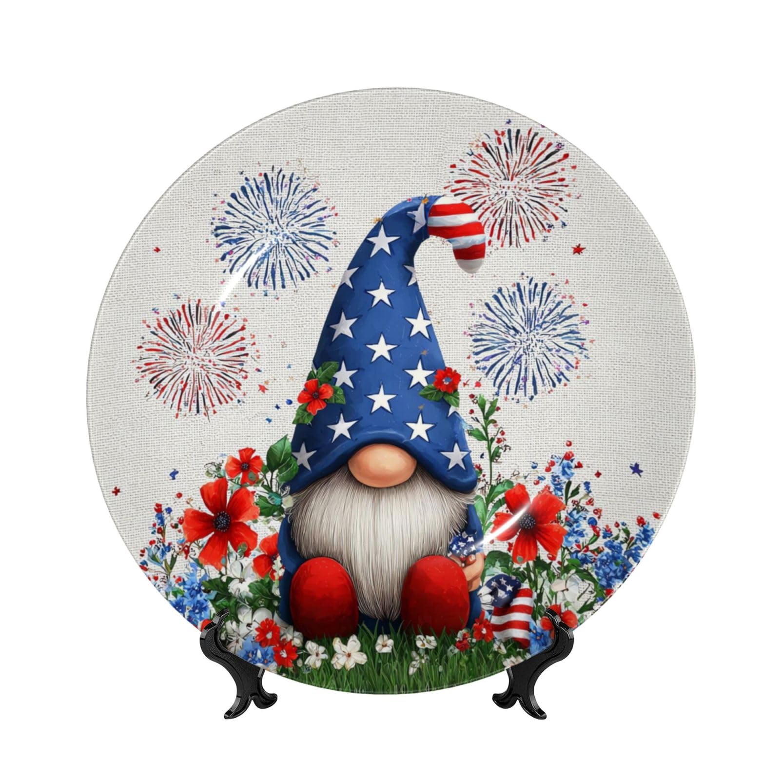 YZILDP 4th of July Ceramic Plate with Stand,10 in,American Flag Gnome Floral Decorative Plates for Wall Hanging Ceramic Craft for Kitchen Cabinets Dining Room Holiday Home Decor,Roud
