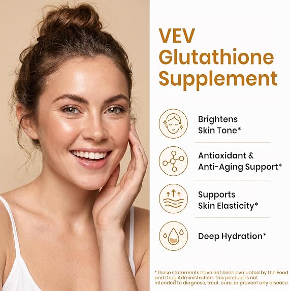 VEV Glutathione Supplement 600mg, Vitamin C & Collagen, 40-Day Supply | Antioxidant Support for Skin Whitening, Hydration & Even-Looking Tone, 120 Capsules