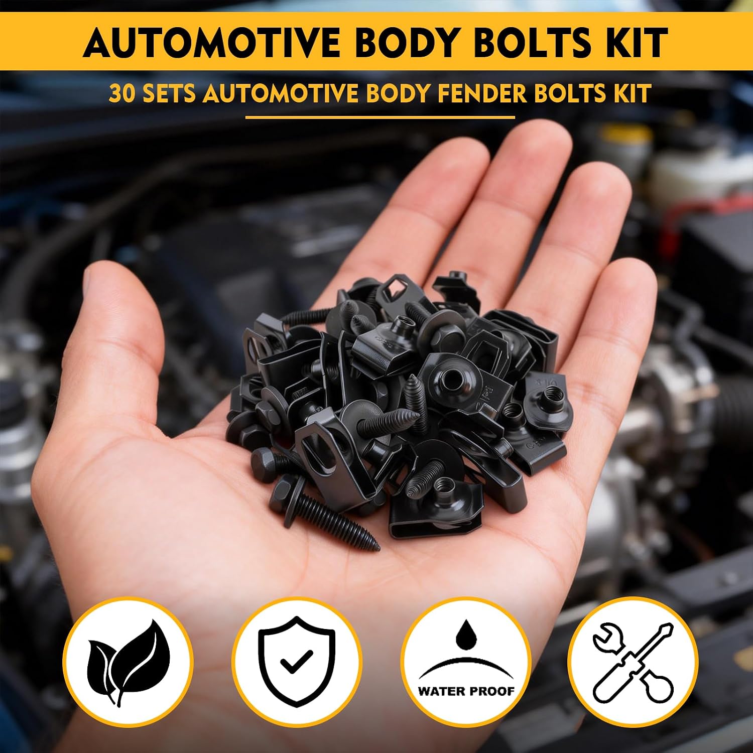 【Upgraded】 60 PCS 1/4" U-Nut Clips & Hex Head Body Bolts Kit, Automotive Fasteners (30 Sets) – Fender Bolts, Bumper Screws & Engine Splash Shield Hardware – Rust-Resistant Metal Clips & Bolts
