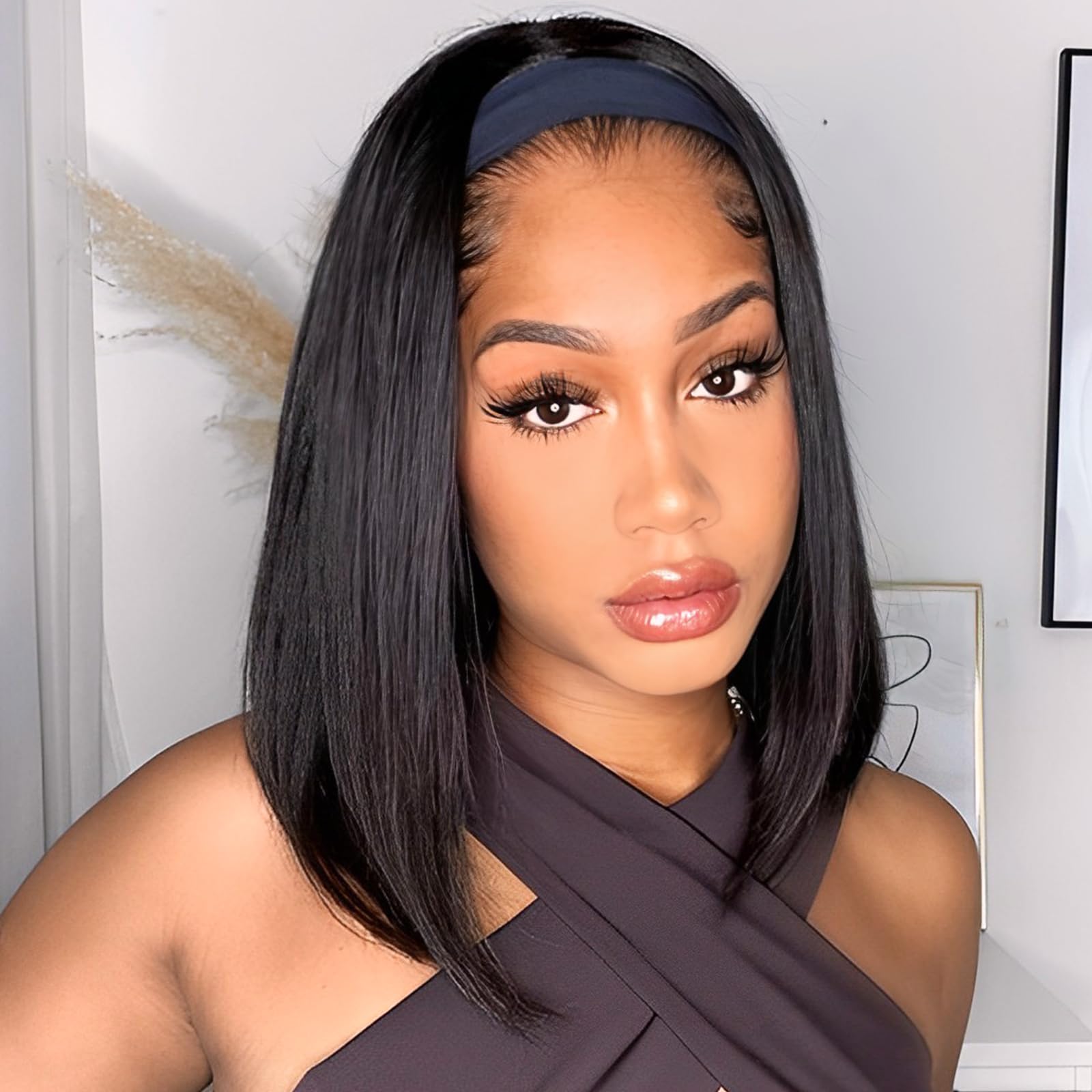Headband Wig Human Hair For Black Women Bob Wigs Glueless Human Hair Short Bob Headband Wigs (12 Inch, Bob Headband Wigs)