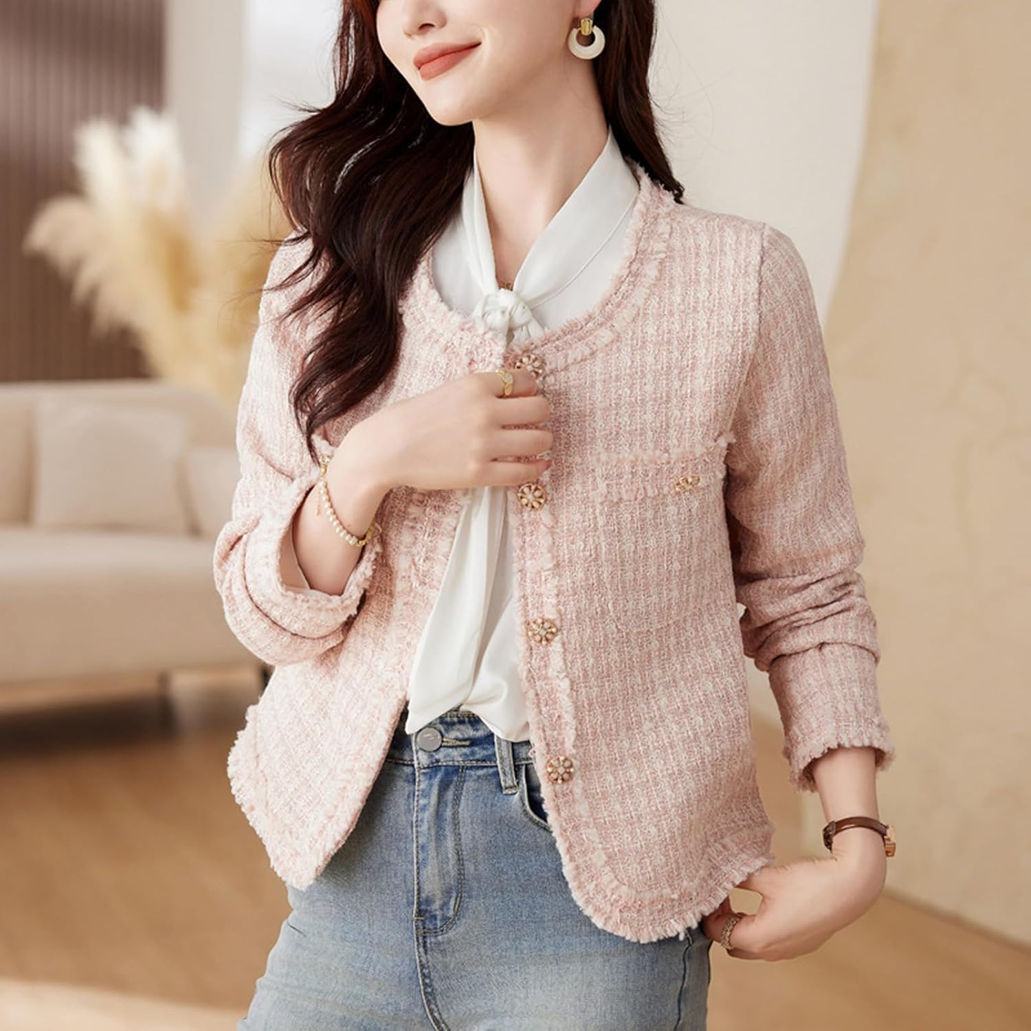 Giacca Elegante in Tweed da Donna Giacca Corta Coreana Slim retrò con Scollo Rotondo Giacca Monopetto Casual da Lavoro alla Moda