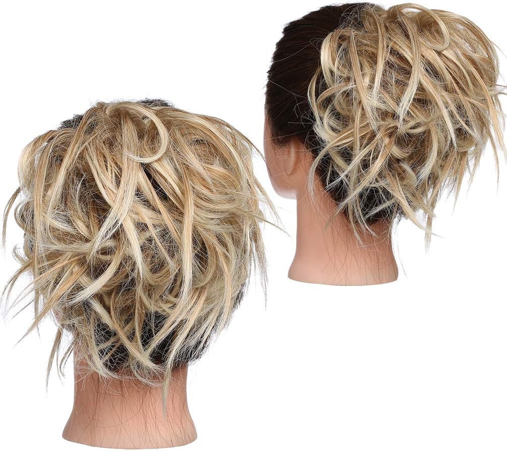Tousled Updo Messy Bun Hair Extension Instant Ponytail With Elastic Rubber Band Updo Chignon Donut Scrunchies Extensions Hairpiece Synthetic Wavy Hair Strawberry Blonde mix Platinum Blonde - Image 4