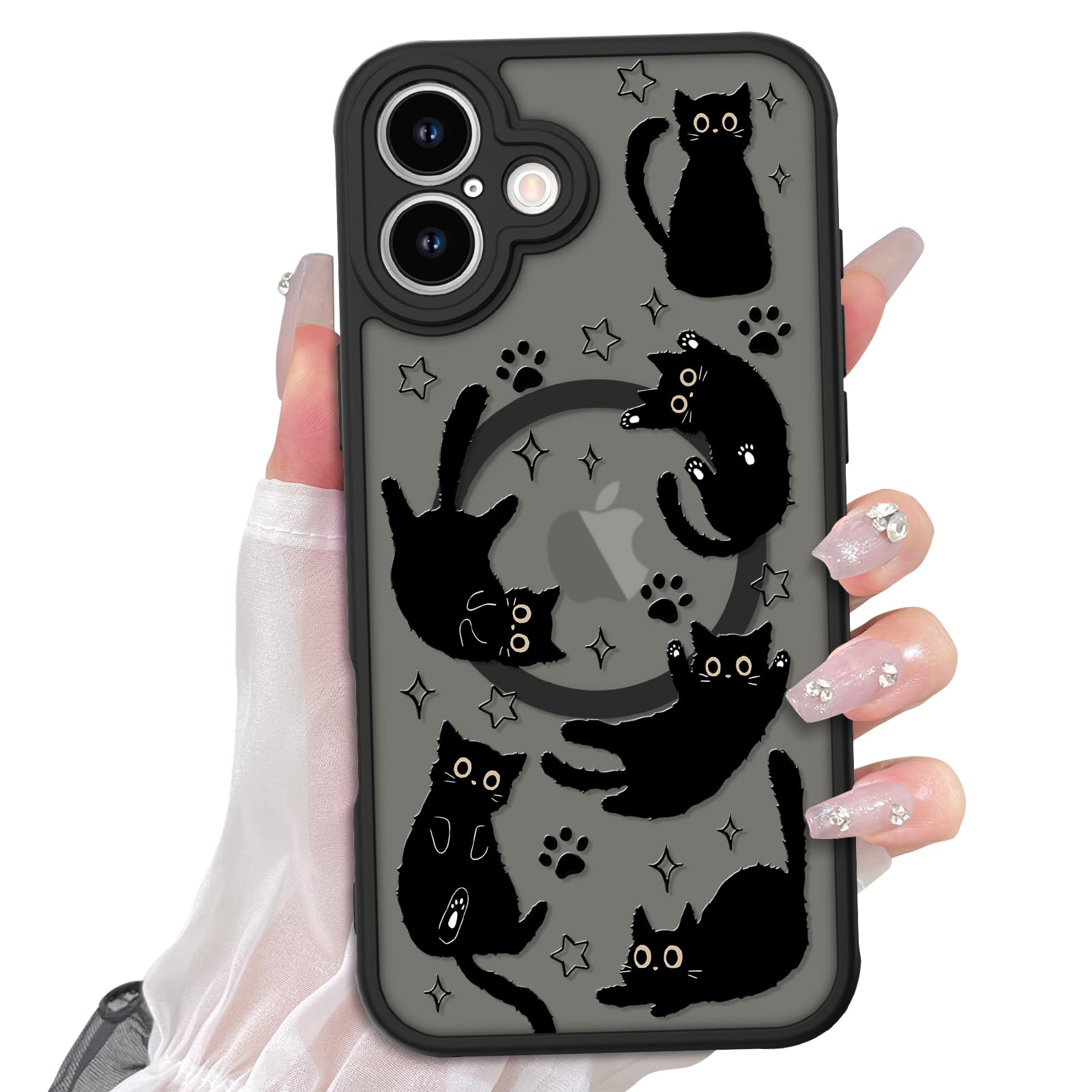 Heaofei Cute Magnetic Case for iPhone 16 Case [ Compatible with MagSafe ] with Black Cat Cats Pattern Design for Women Girls Boys, Soft Bumper Hard