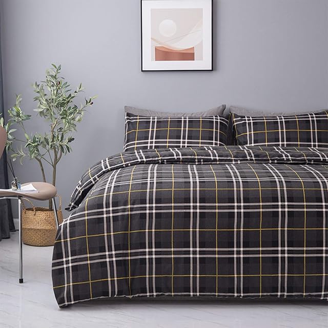 EDS Flannelette Duvet Cover 100% Brushed Cotton Tartan Check Flannel Thermal Winter Bedding Duvet Cover Set Luxury Super Soft With Matching Colour Pillow Cases - Double Charcoal