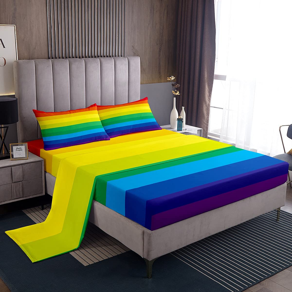 Parure de lit double à rayures colorées, coton doux pour chambre ado