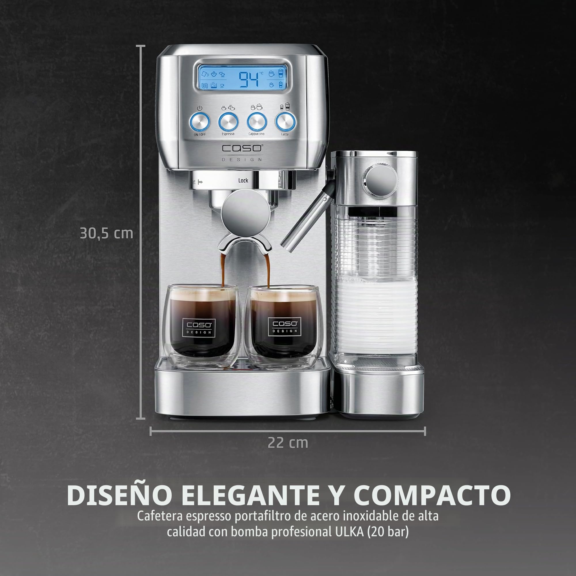 CASO Espresso Gourmet Latte - Juicio test muy bien, cafetera con depósito de leche integrado, bomba ULKA 20 bar, placa calefactora para tazas, 1 o 2 tazas, plata, acero inoxidable