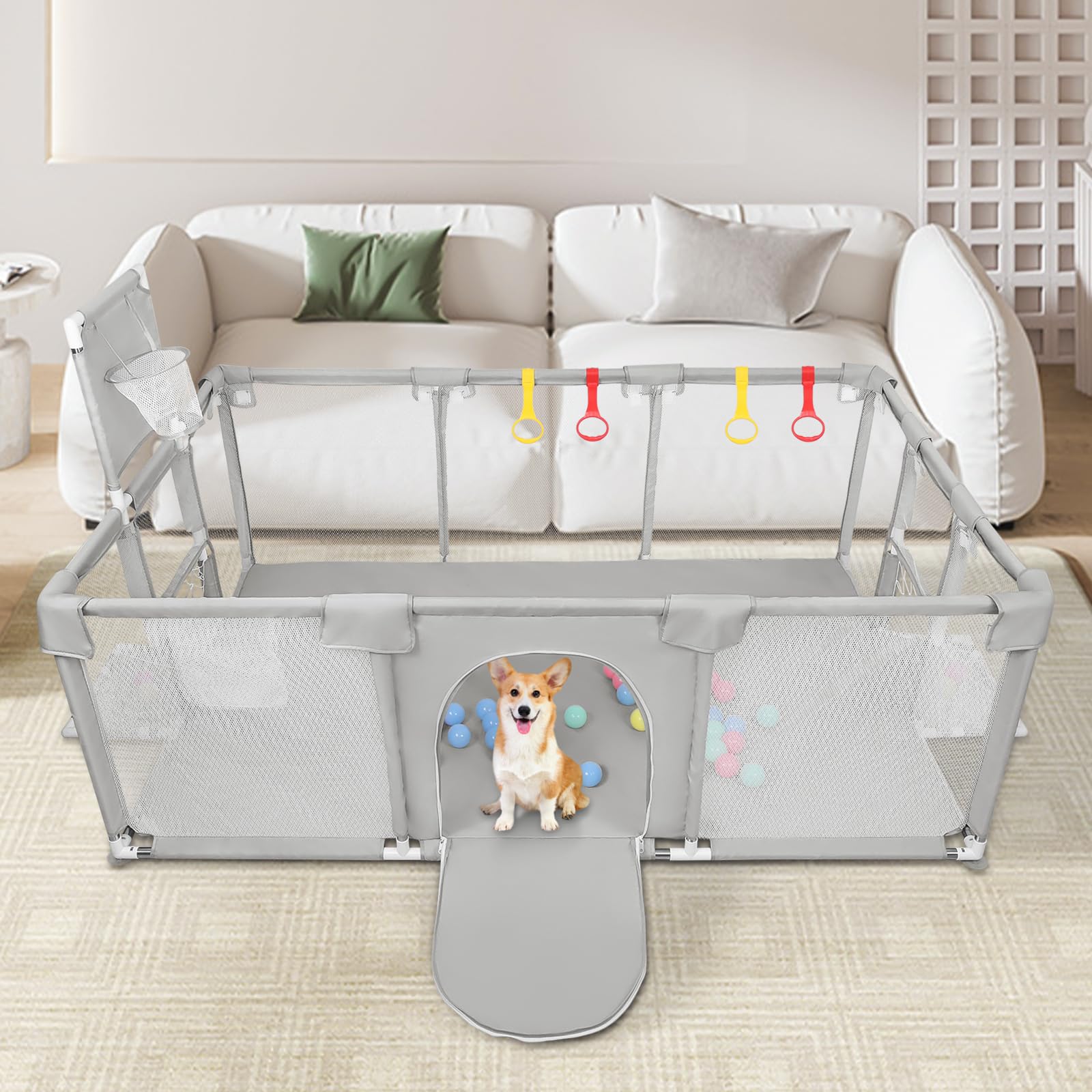 Parque XXL plegable modulable para bebés con barreras / redes / pelota oceánica / 4 asas, Playpen extra grande para bebés y niños pequeños, 180 x 120 x 66 cm, gris claro