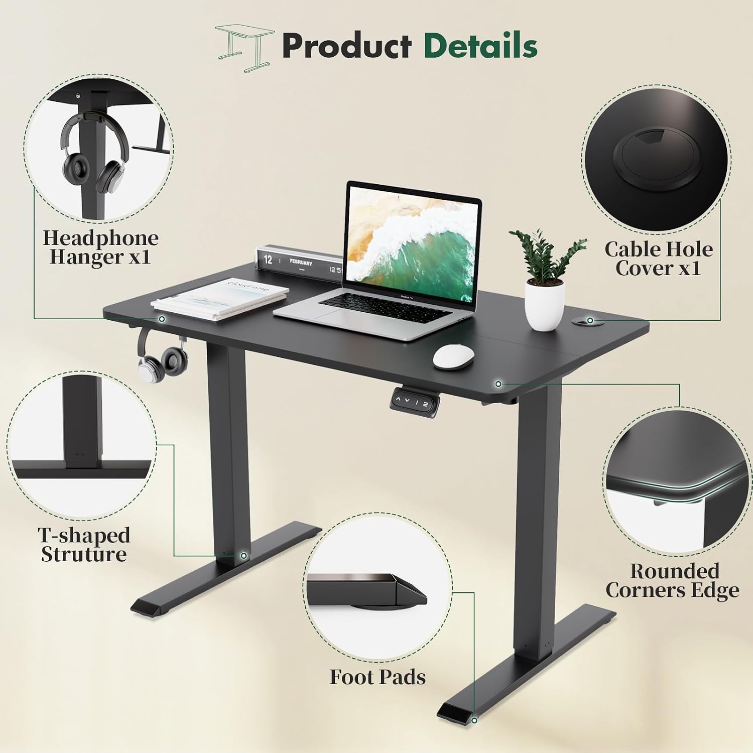 Detailed view of Triumphkey desk features including headphone hanger, cable hole, T-shaped structure, foot pads, and rounded corners.