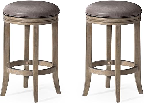 Maven Lane Eva 26 Inch Tall Counter Height Rotating Backless Barstool, Reclaimed Oak Finish with Ronan Stone Vegan Leather Upholstered Seat, Set of 2