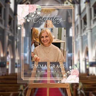 Customized Celebrating The Life Acrylic Sign With Photo, Pink Blush Floral In Loving Memory Plastic Sign, Funeral Decor, Obituary Memorial Service, Funeral program