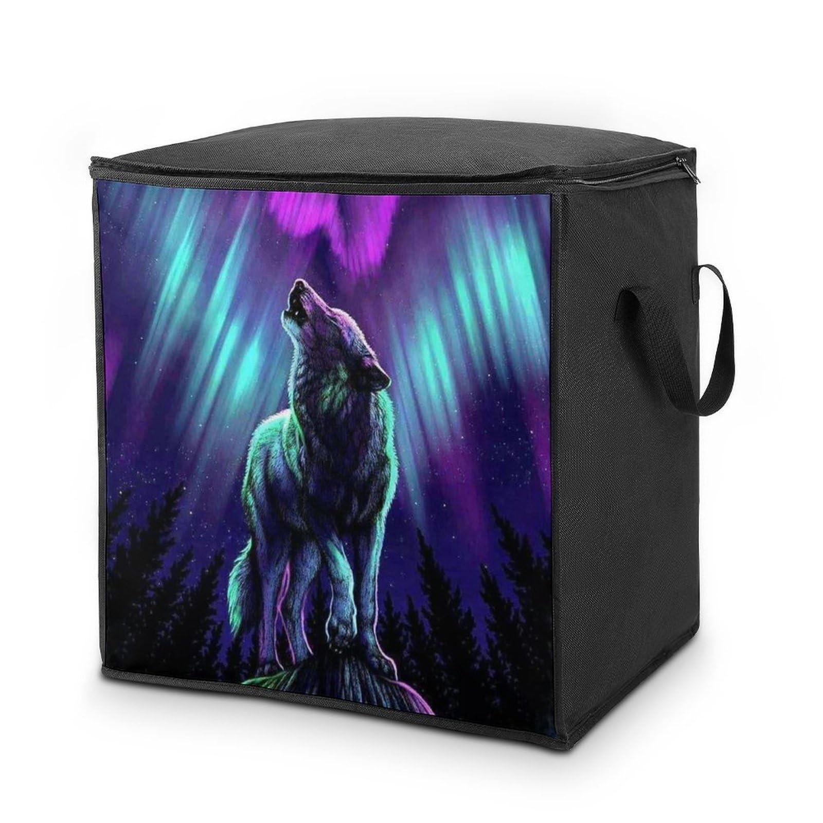 Lyfthologen 70L Storage Bags, Wolves Howl in The Northern Lights Storage Box with Lid Zipper And Handles, Clothes Bags for Quilt, Blankets, Bedding