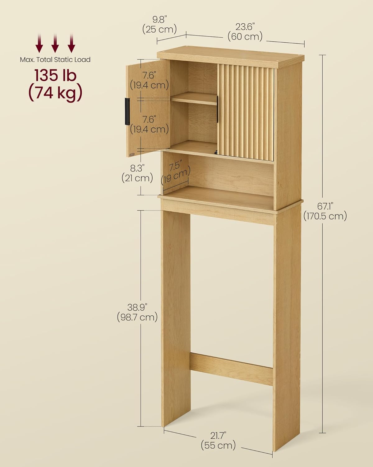 VASAGLE MAXE Collection - Over The Toilet Storage Cabinet, 23.6-Inch Wide Mid Century Modern Bathroom Organizer with Fluted Doors, Adjustable Shelf, Space-Saving, Oak Beige UBTS028YC01S - Image 6