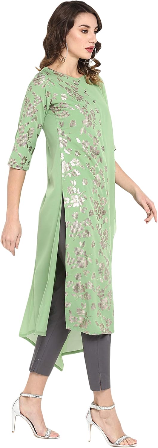 Janasya Indian Women's Green Foil Print Casual Wear Kurta for Women - Image 4