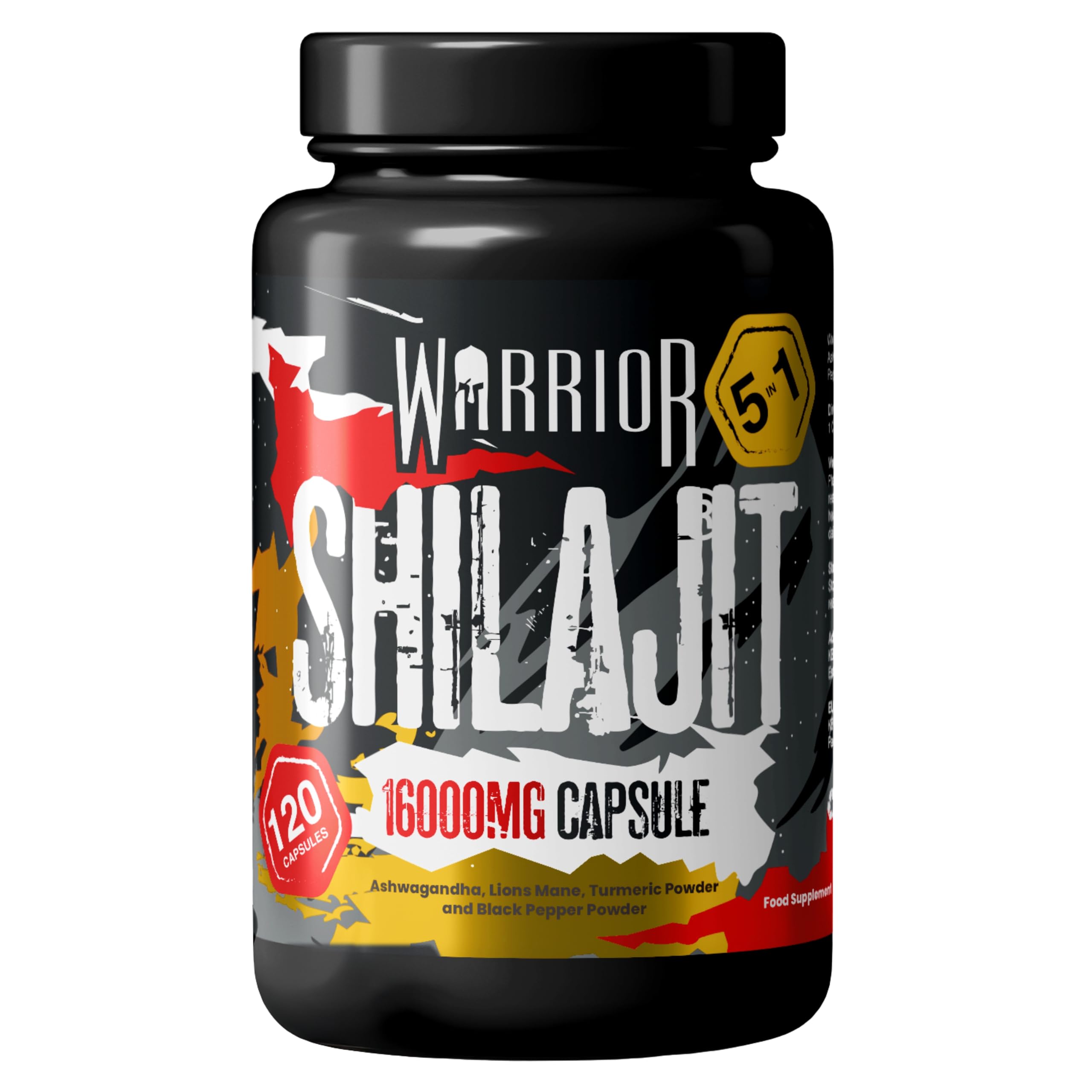Warrior Shilajit Capsules 120 – 16,000mg 5-in-1 Himalayan Complex with Ashwagandha, Lion’s Mane, Turmeric & Black Pepper – Energy, Vitality, Cognitive Focus, Natural Testosterone Support