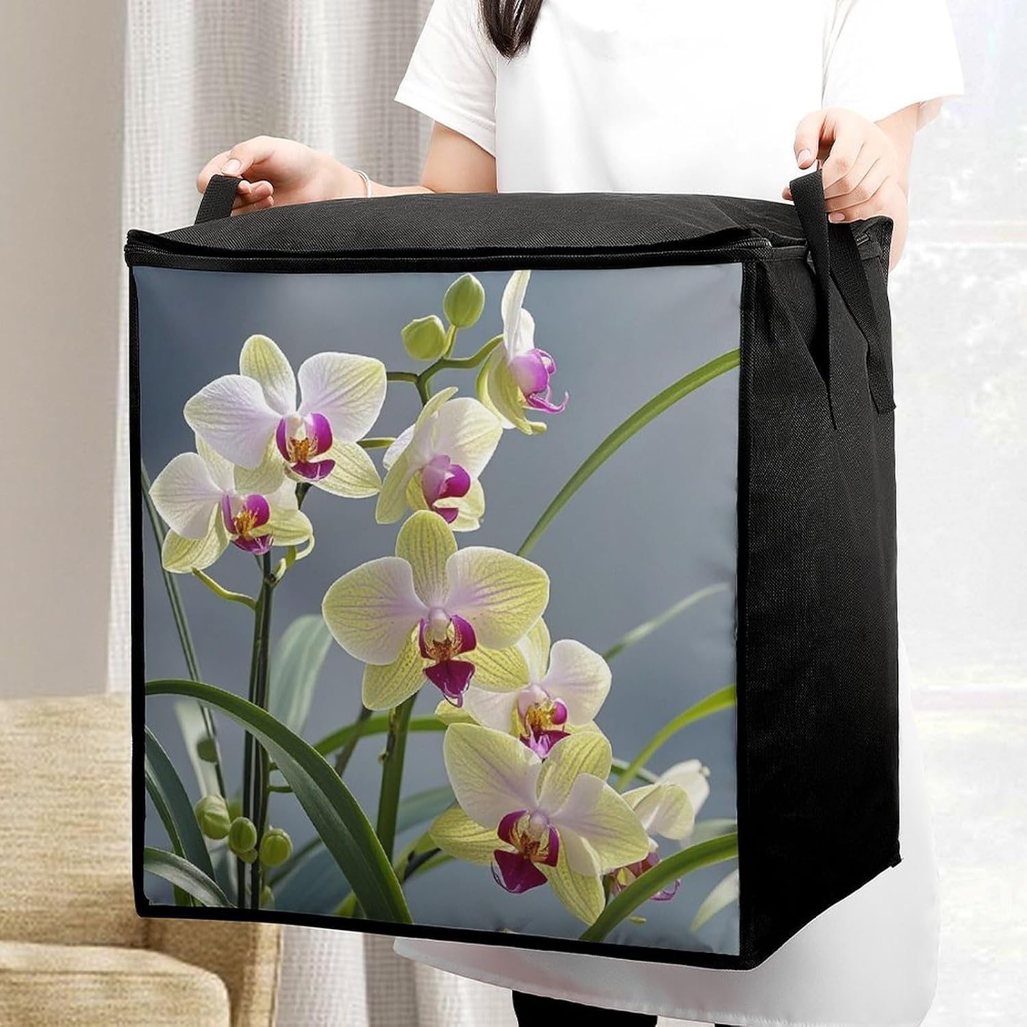 Large Colorful Orchids Flower Storage Bags with Handle Foldable Closet Organizers Clothes Storage Bins Bedding Storage Containers Fabric Moving Bags Blanket Comforter Storage Bag 70L