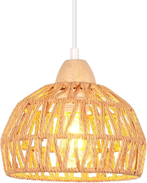 iDEGU Retro Hanging Chandelier - Vintage Wood & Rattan Pendant Lamp for Bedroom, Dining Room