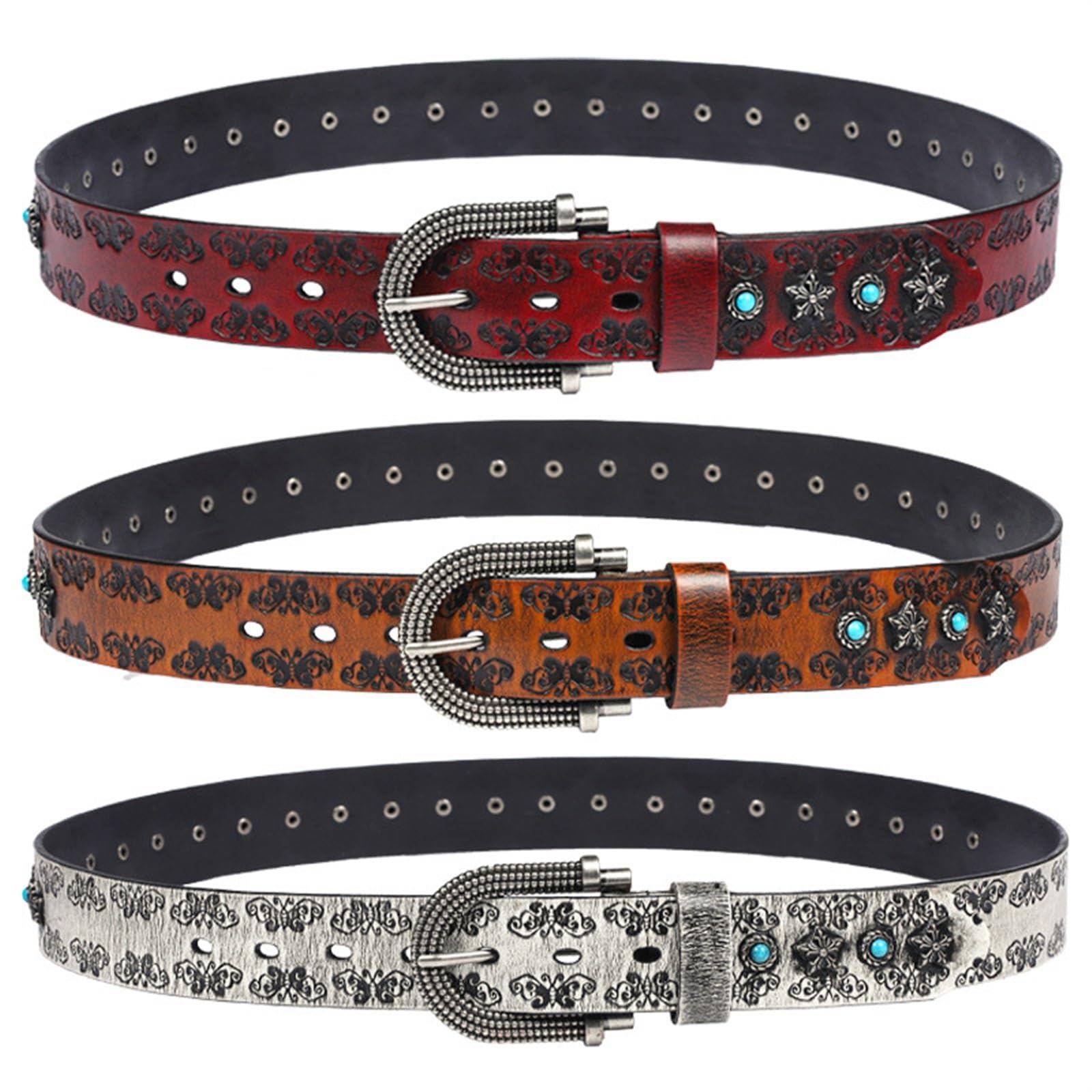 DLUCCA Men's Belts Men's Leather Belt Retro-Prägungs-Nietengürtel, türkisfarbener Inlay-Gürtel, Ethno-Stil, personalisierter dekorativer Gürtel, Breite 3,8 cm