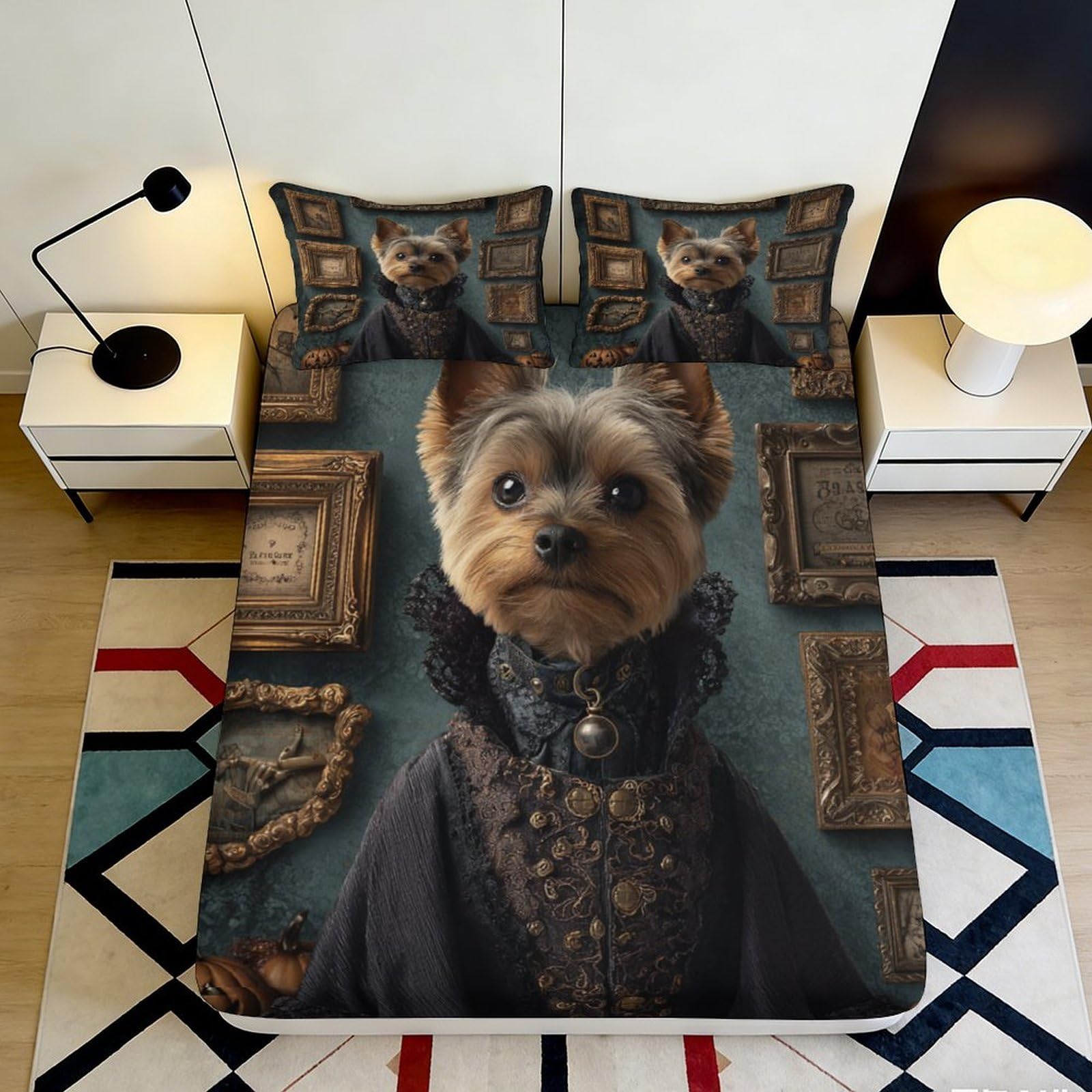 3D Printed Noble Dog Portrait Fitted Sheet Microfiber Soft Breathable Vintage Frame Mattress Cover Bedroom Decor 90x200x25cm