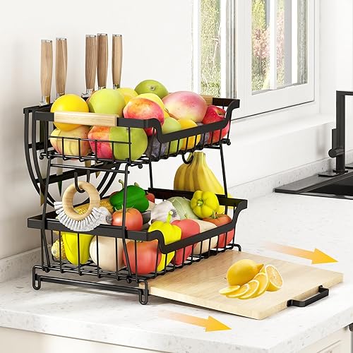 GILLAS Cesta de frutas de 2 niveles con tabla de cortar, tazones de frutas con organizador de cuchillos de frutas, soporte de tazones de frutas
