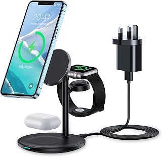 Mag-Safe Wireless Charger Stand,Upgrade 3 in 1 Magnetic Wireless Charging Station with Mag safe Charging for iPhone 15 14 13 12 Pro Max/Plus/Pro/Mini,iWatch Ultra 9/8/7/SE/6/5/4,AirPods (with Adapter)