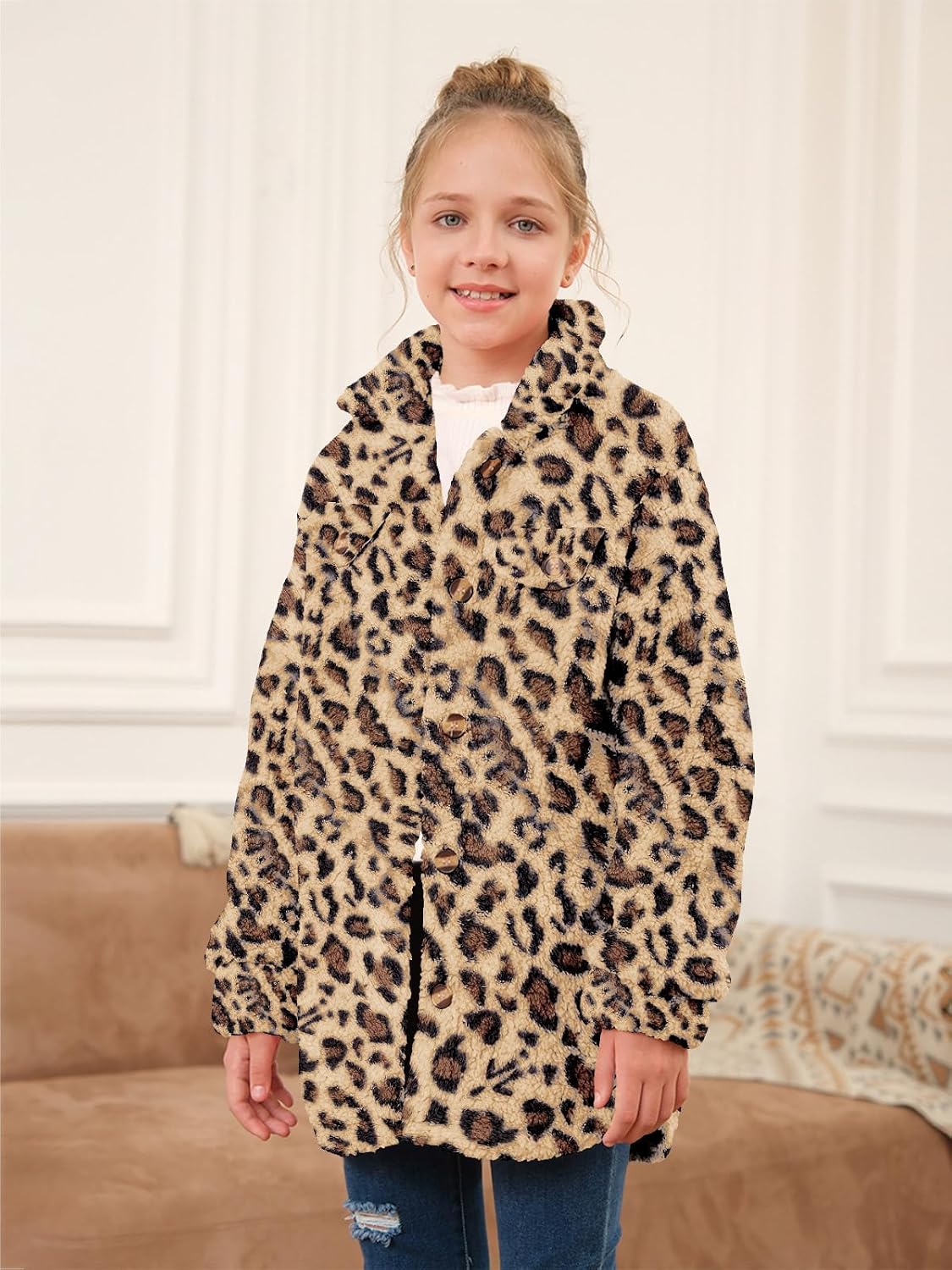 Haloumoning Girls Fuzzy Fleece Jacket Casual Button Down Sherpa Overcoat Faux Fur Jackets Outwear 4-15 Years