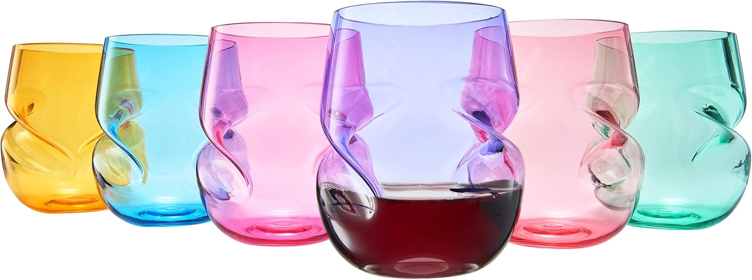 Khen Unbreakable Aerating Stemless Wine Glasses - European Tritan Plastic Wine Glass Set with Finger Indentations - Set of 6-13 oz Colored Glass - Acrylic Reusable, BPA Free, Naturally Aerates Wines