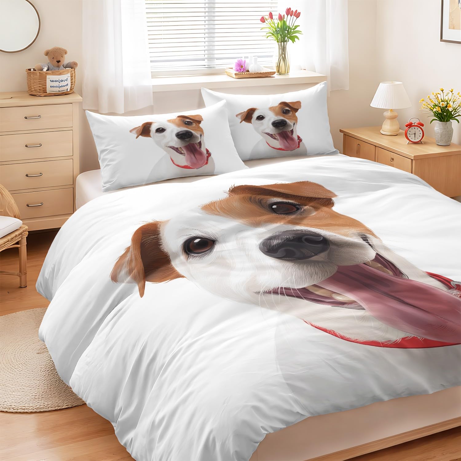 Générique 3-częściowy komplet pościeli 180 x 220 cm, słodki uśmiech pies, biała poszwa na kołdrę z poszewkami na poduszki dla miłośników zwierząt, komplet pościeli z mikrofibry