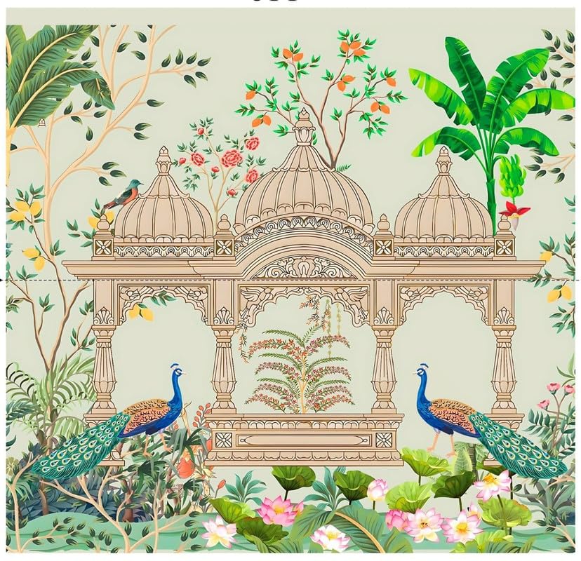 Image of varalakshmi poojas Backdrop| Peacock backdropss Cloth | varalakshmi Pooja Background Decoration Cloth | backdrops for Pooja Decorations | (8x8 FEET) Green | Peacock Backdrop Decoration Cloths