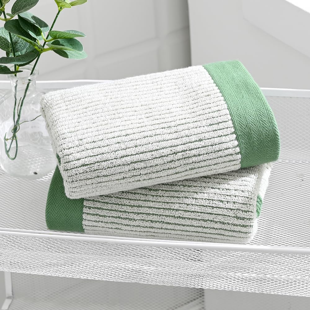 sense gnosis Hand Towels Set of 2 100% Cotton Absorbent Beige Ribbed Striped Green Border Decorative Bath Hand Towels for Bathroom Gym Camping - Image 8
