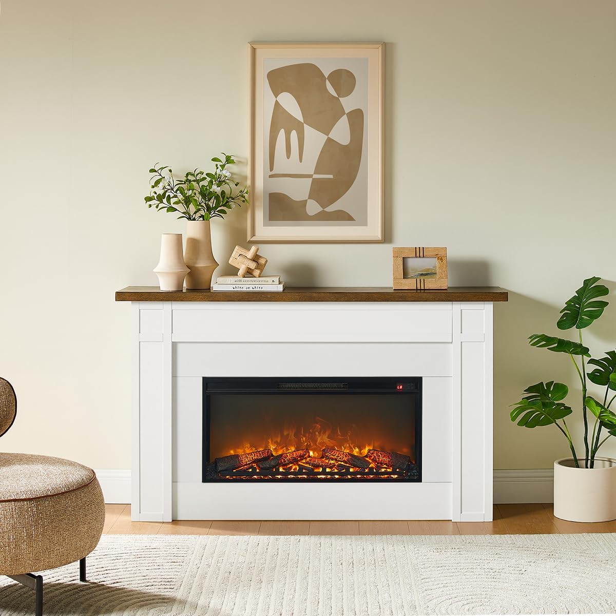 Pemberly Row 67.25" Freestanding Electric Fireplace with Wood Mantel, Realistic Flame and Log Display, Replaceable Heater Insert, Remote Control, and Built-in Timer for Living Rooms or Bedrooms