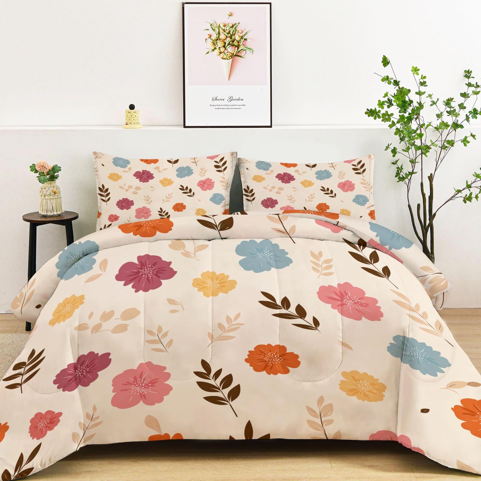 CozyRest Edredon Relleno nordico Cama Infantil Algodón - Floral Acuarela Dibujos Animados Cama 90 - Bebe rellena Juego de Manta 150x200 cm con Almohada 50 x 75 cm por niños e niñas Beige