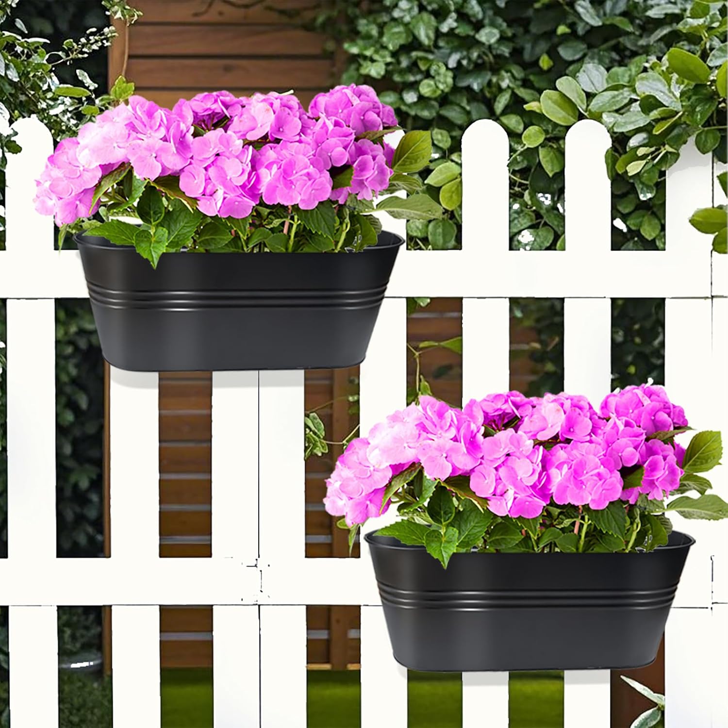 16 Inch 4 PCS Metal Hanging Flower Pots for Railing Fence, Large Railing Planters for Outdoor Plants, Fence Hanging Planters with Detachable Hooks for Garden Balcony