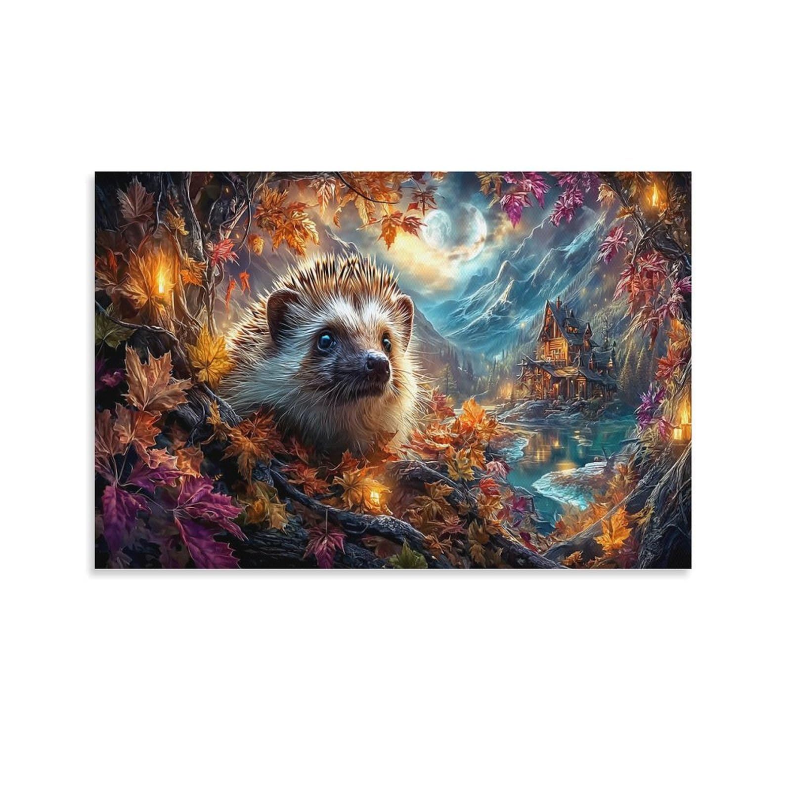 XPASHIQWC Hedgehog Poster Artwork Autumn Maple Leaves Canvas Prints Picture Modern Wall Art Picture Wall Hanging for Home Decorations 20x30inch(50x75cm)