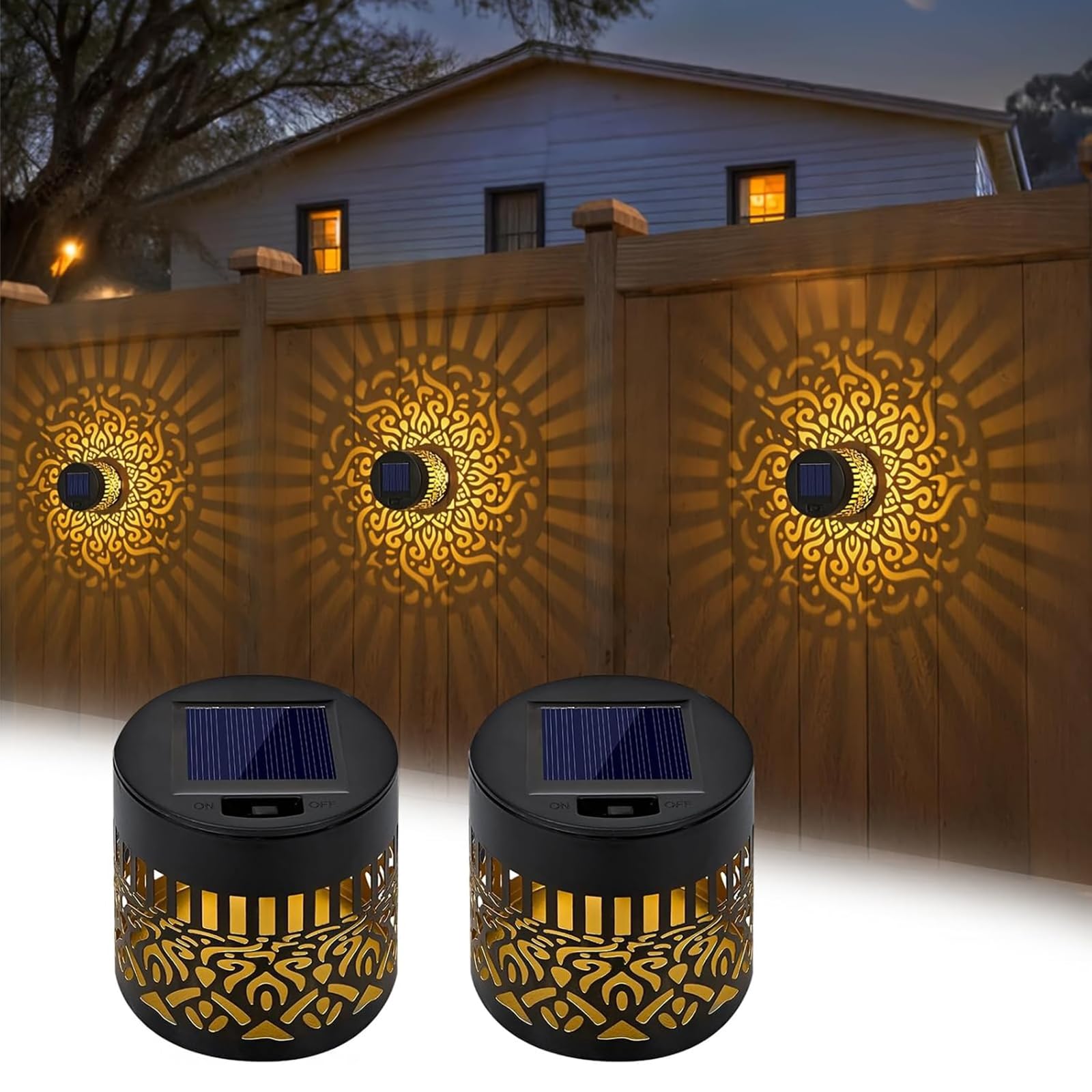 LOMY Decorative Solar Mandala Lights, 2 Pack Metal Solar Powered Outdoor Deck Step Wall Lights, Mandala Fence Lights, Vintage Waterproof Garden Lights for Patio Backyard Deck Stairs Post Decor