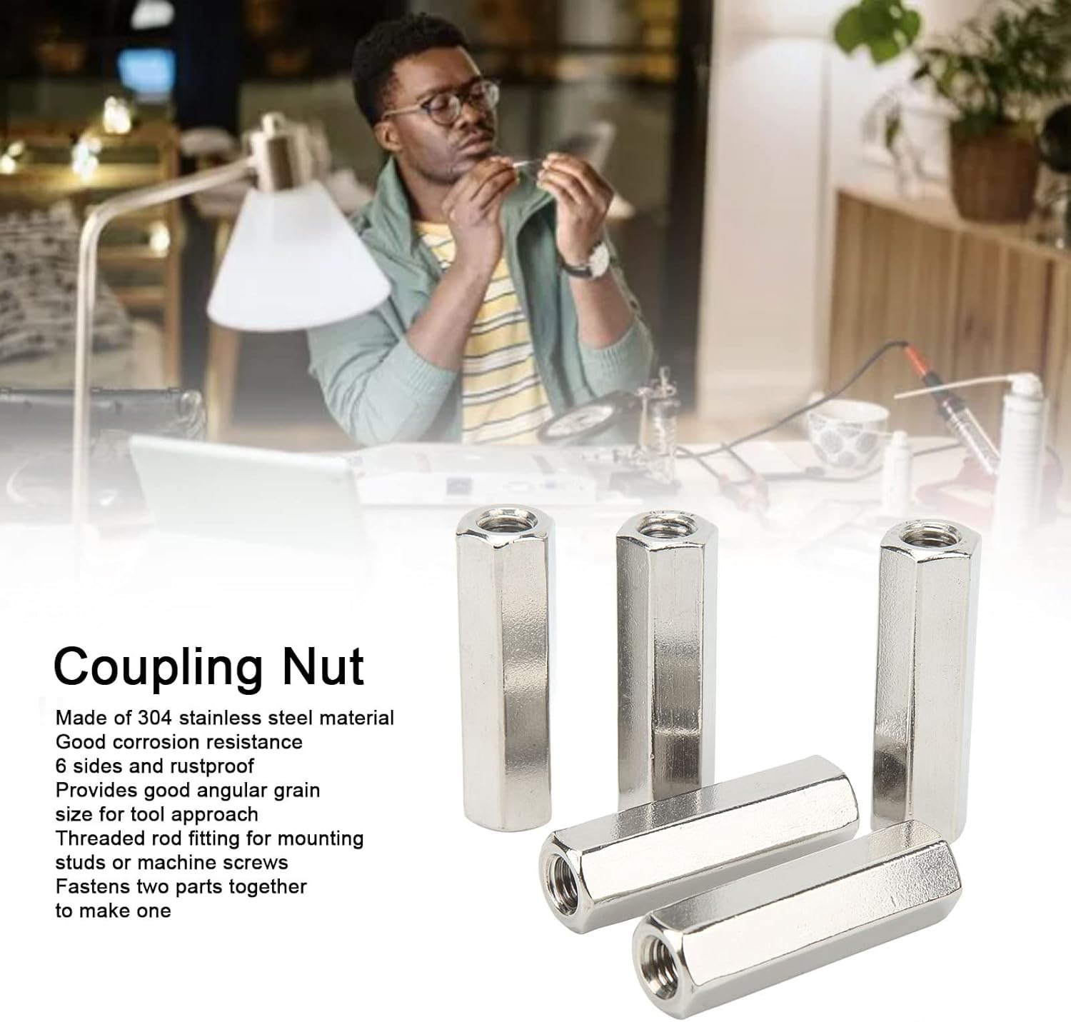 EVTSCAN M10 Hex Coupling Nut Kit - 5Pcs Rustproof Stainless Steel Coupling Nuts with 6 Sides for Maintenance and Repair