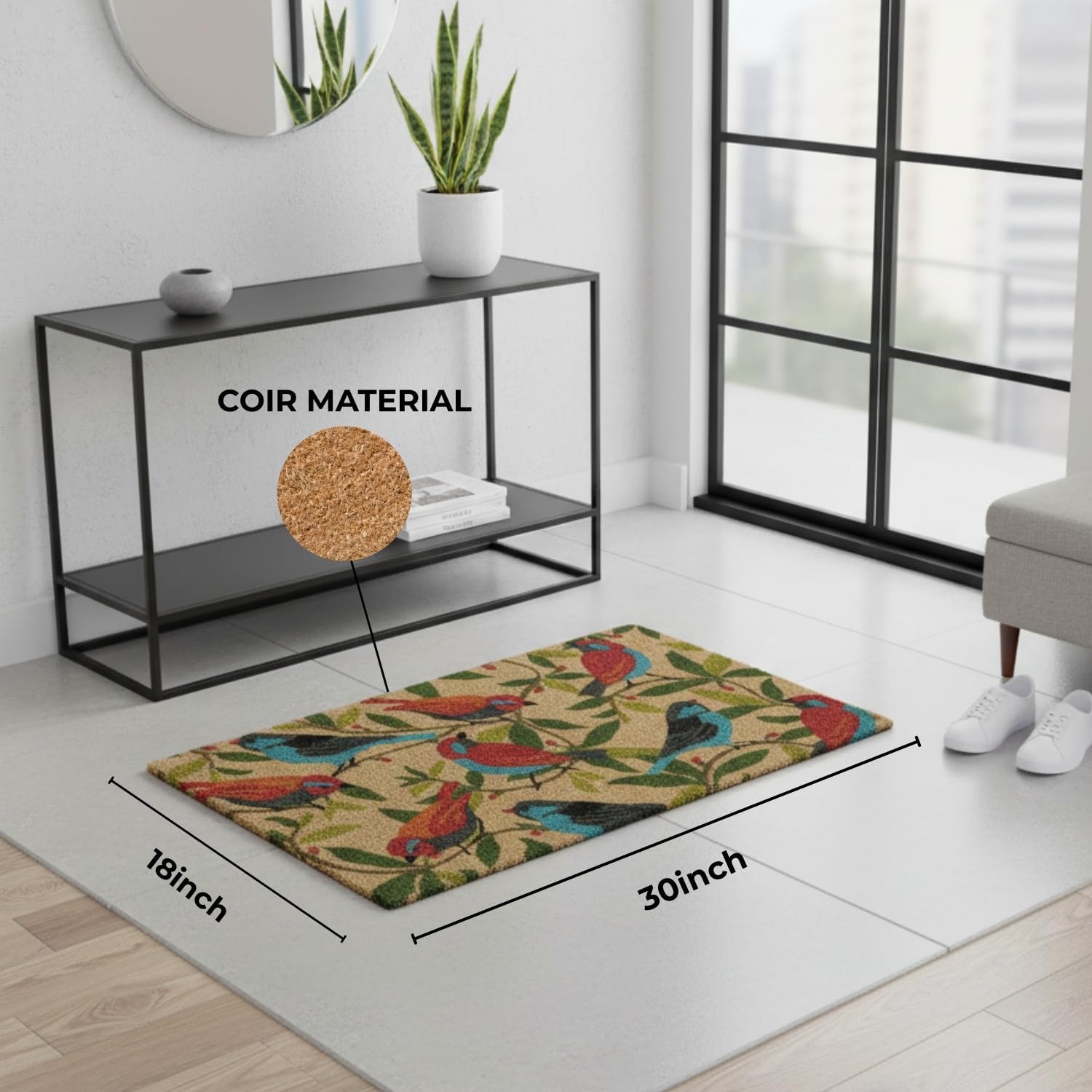 Colourful Birds Doormat-18x30 L-Natural Eco Friendly Coco Coir Fiber, Durable Anti-Slip Backing Rug, Welcome Indoor Outdoor Doormat for Front Door, Porch, Garage, or Mudroom