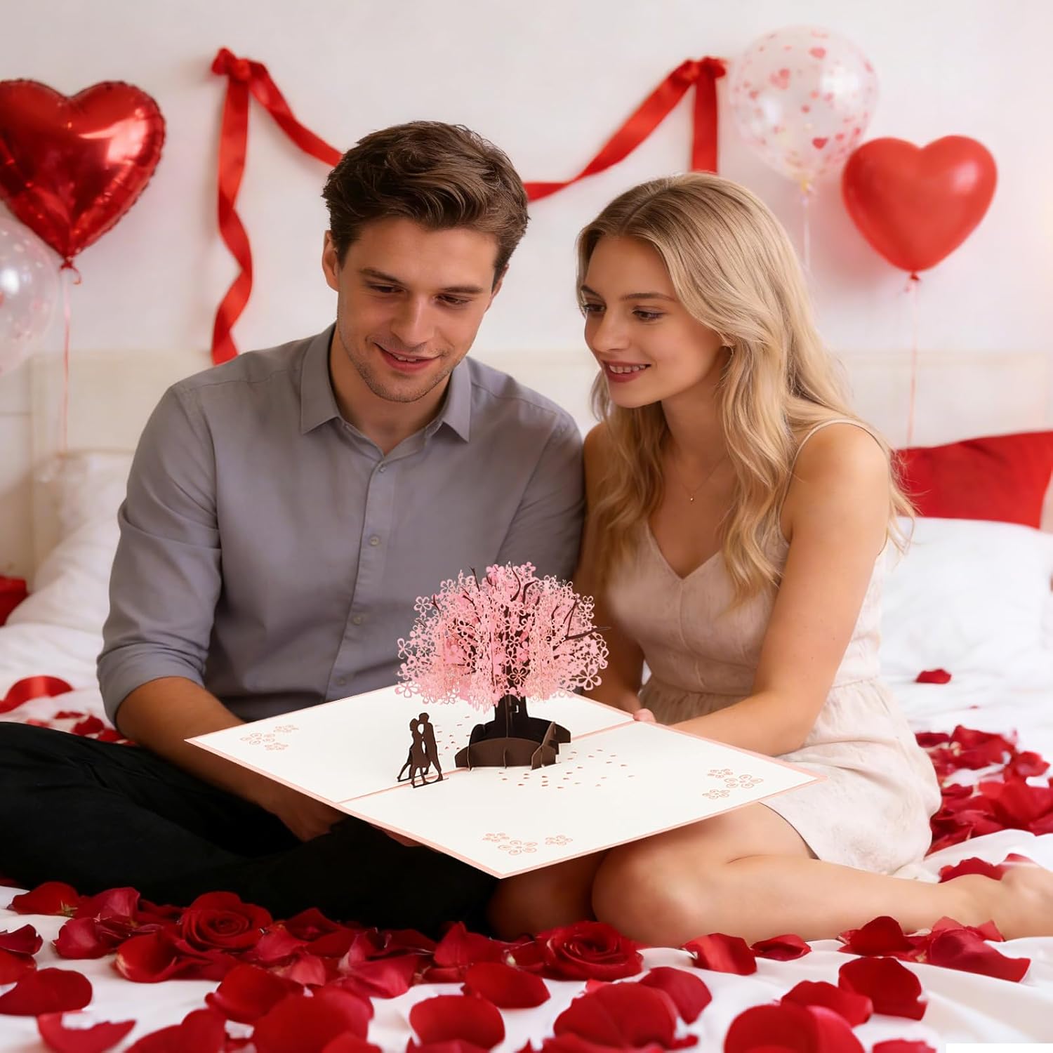 Pop Up Anniversary Card, 3D Cherry Blossom Love Tree Hearts Couple Wedding Card, Anniversary Greeting Cards for Romantic Love Gift to Her, Him, Husband, Wife, Mother’s Day - Image 6