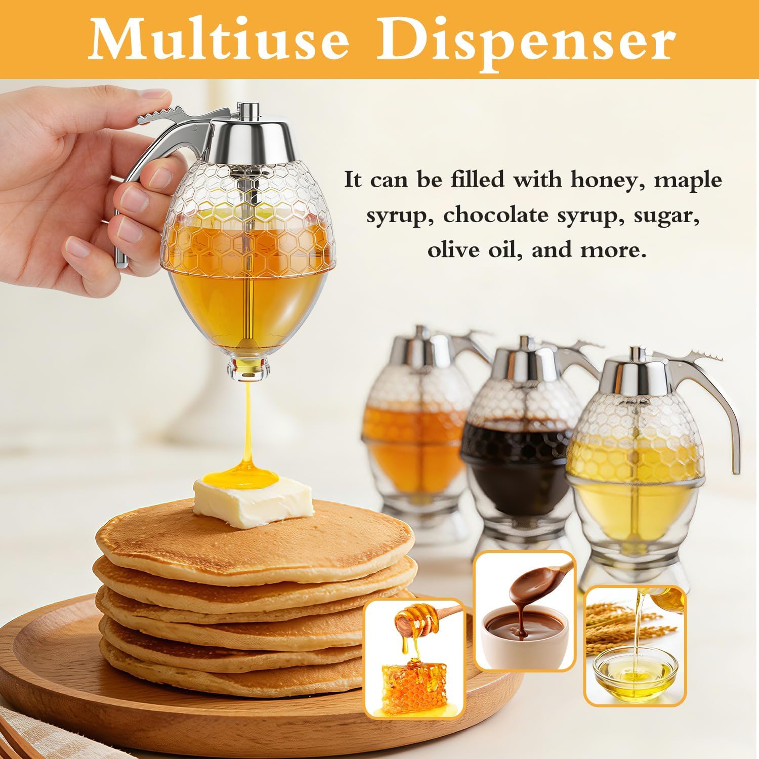 Honey Dispenser No Drip Glass 8 oz with Plastic Top, Beautiful Honeycomb Shaped Honey Jar with Stand - 6" Clear Container, Honey Pot, Maple Syrup Dispenser, Perfect Bee Decoration for Home Kitchen