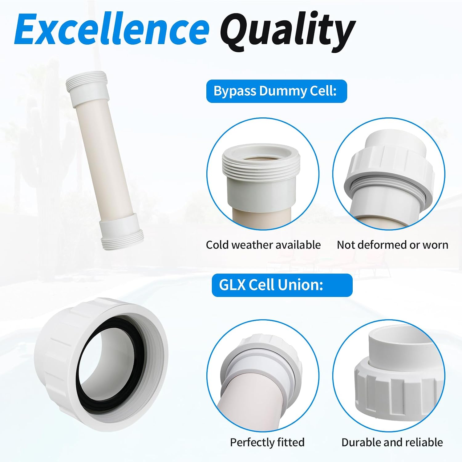 Salt Cell Bypass Pipe Kit for Hayward Turbo Cell Salt Chlorination Cell, with 2 Salt Cell Union Replacement, Bypass Dummy Cell Compatible with Hayward T-Cell Salt System, Upgrade Pool Spa Pump Parts