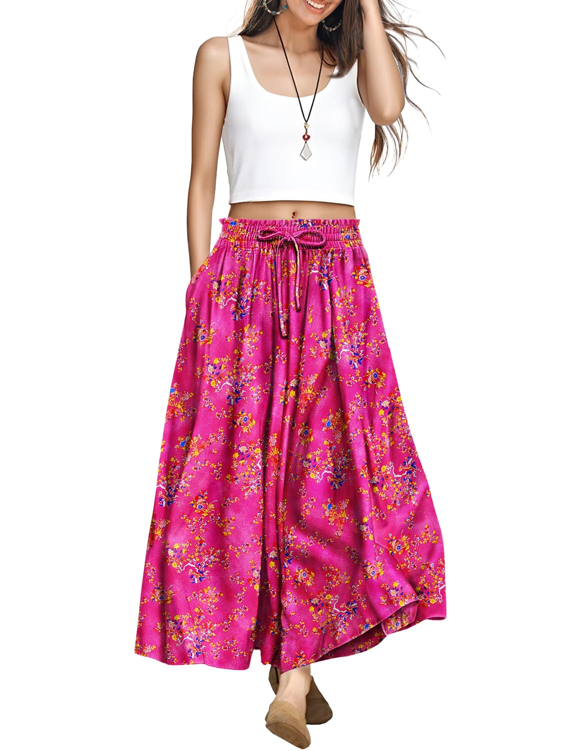 YESNO Women Wide Leg Pants Summer Floral Boho Palazzo Pants Casual High Waisted Flowy Crop Trousers with Pockets