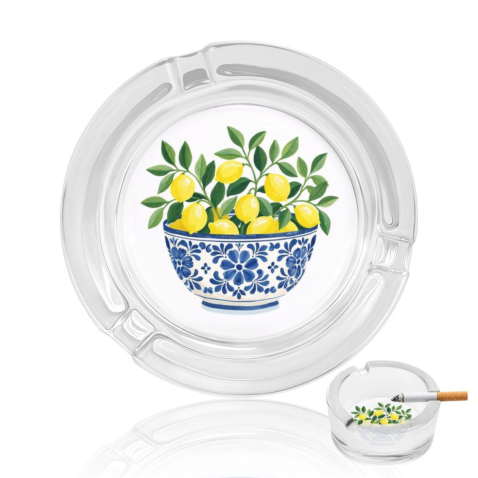 Blue And White Bowl with Lemon Branches Glass Ashtray for Cigarettes Portable Decorative Ash Trays for Home Office Decor