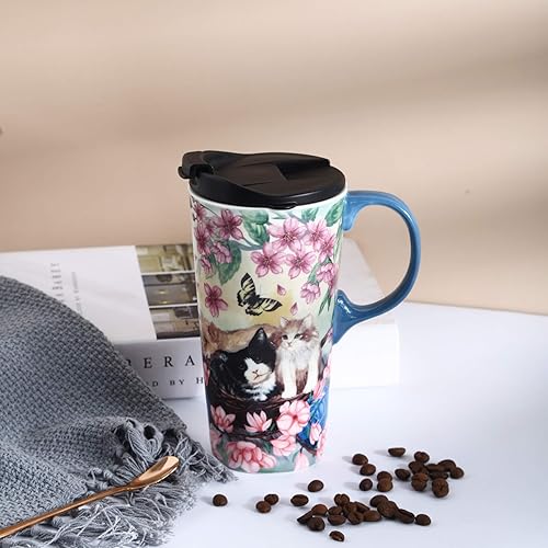 Miniatura 8 de TZSSP Taza de viaje de cerámica de café, taza de té con leche de porcelana con tapa, 17 onzas, tazas de café novedosas para oficina y hogar, flores