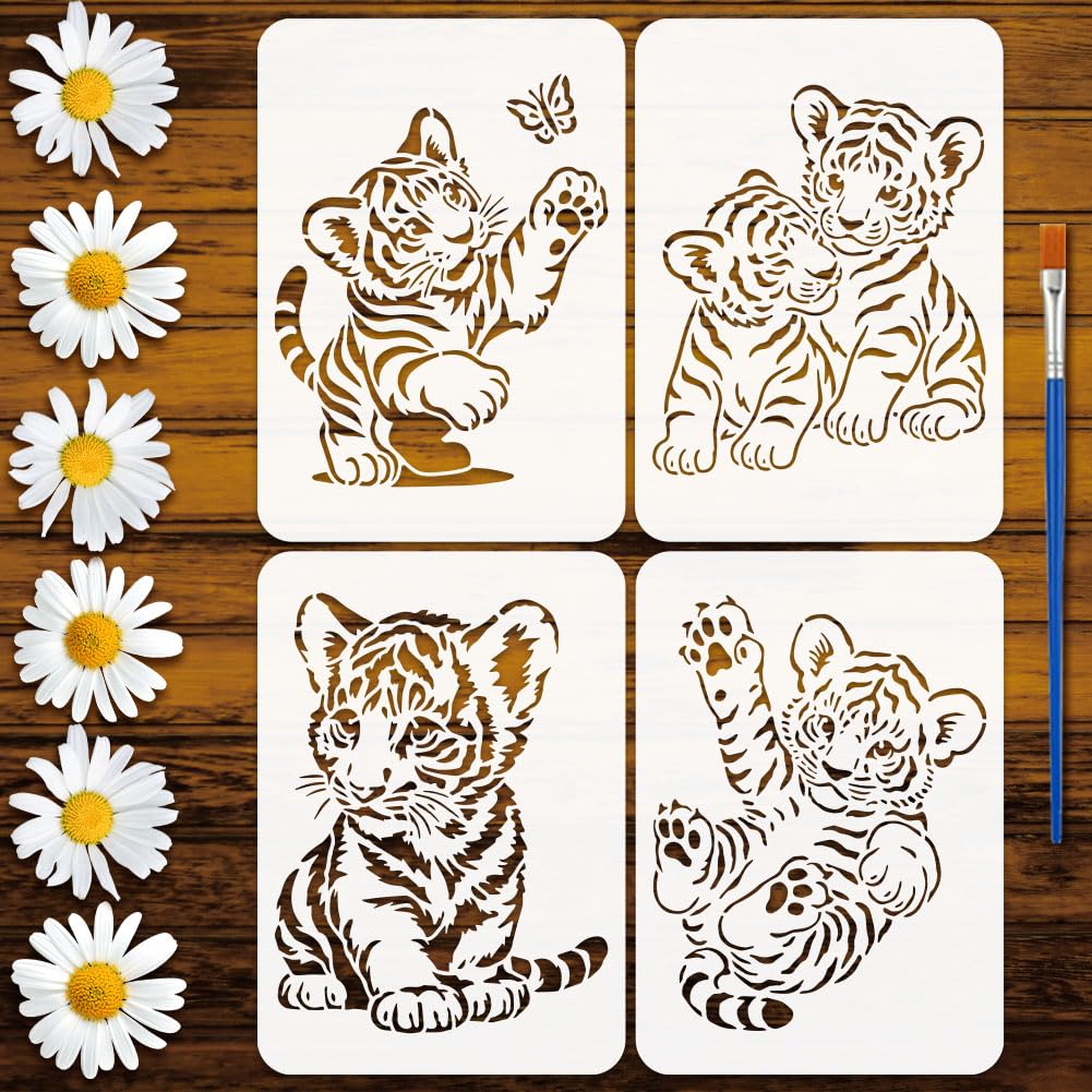 FINGERINSPIRE 4PCS Tiger Stencils 21x29.7cm with a Brush Reusable Cute Tiger Stencils A4 Size Animal Theme Drawing Template for Wood Wall Art Craft Decor Canvas Fabric