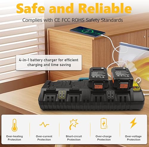 Miniatura 5 de DCB104 - Cargador rápido de 4 puertos para batería DeWalt 20V60V Max, con puerto USB compatible con batería DeWalt de 20 V60 V DCB206 DCB208 DCB205