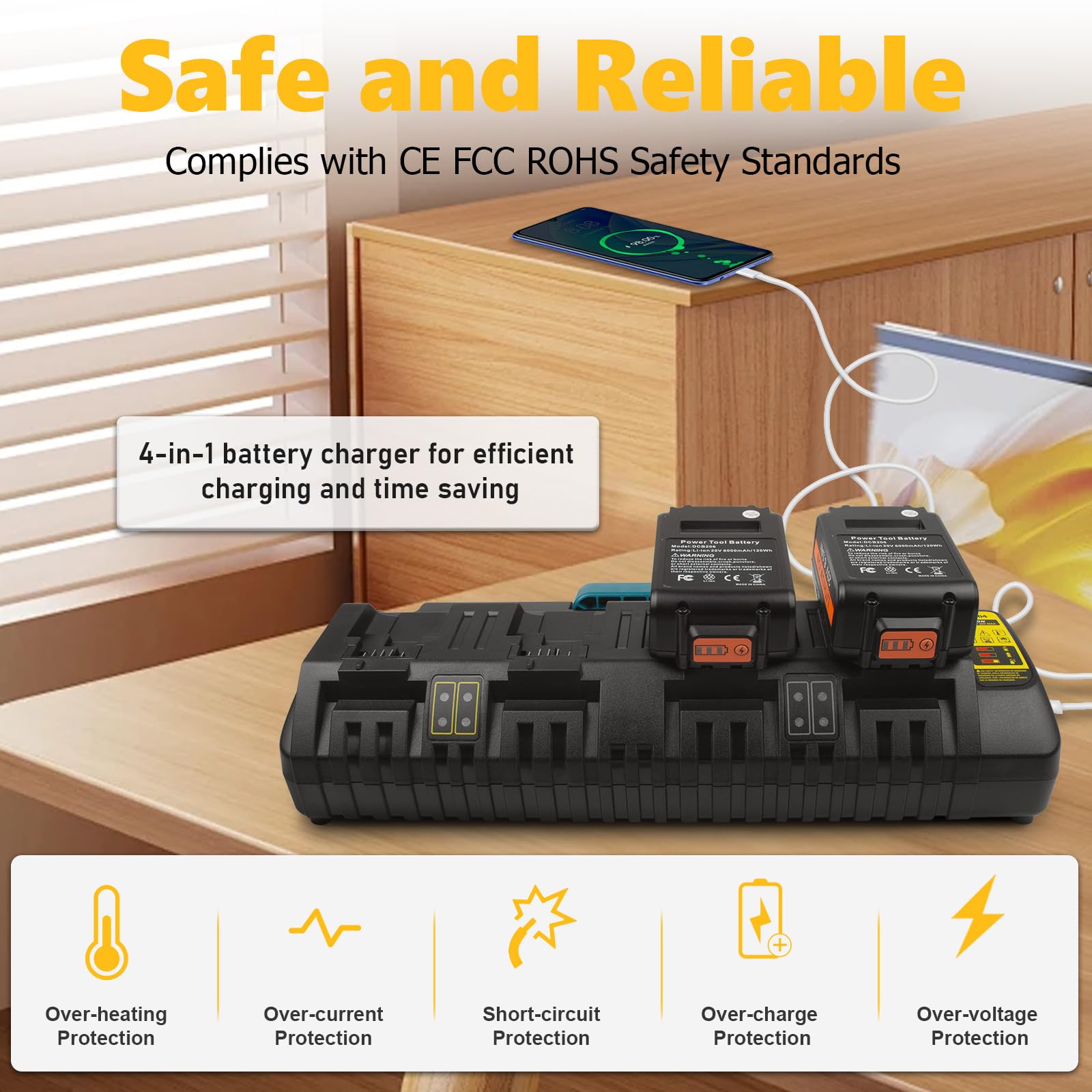 DCB104 4-portowa szybka ładowarka do akumulatora DeWalt 20V/60V Max, z portem USB kompatybilna z baterią DeWalt 20V/60V DCB206 DCB208 DCB205 DCB606 DCB609Y DCB612 i ładowarką DCB104 DCB107 DCB1155