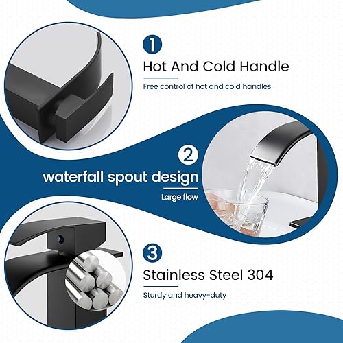 Vista 4 de Airuida Grifo de baño de cascada negro mate, grifo de baño de un solo agujero, grifo mezclador de montaje en cubierta con placa de cubierta, grifo